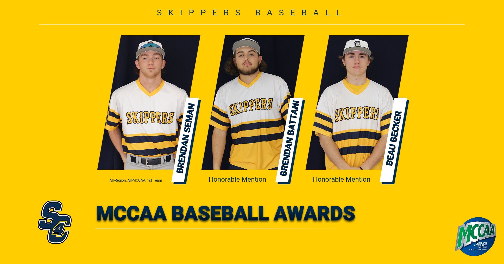 MCCAA Baseball Awards: Brendan Seman (All-Region 12, All-MCCAA, First Team All-Eastern Conference), Brendan Battani (Eastern Conference Honorable Mention), Beau Becker (Eastern Conference Honorable Mention)