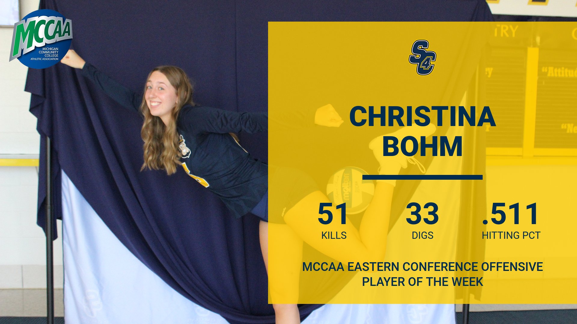 Christina Bohm poses as superman in this graphic that shows her winning MCCAA player of the week for volleyball.