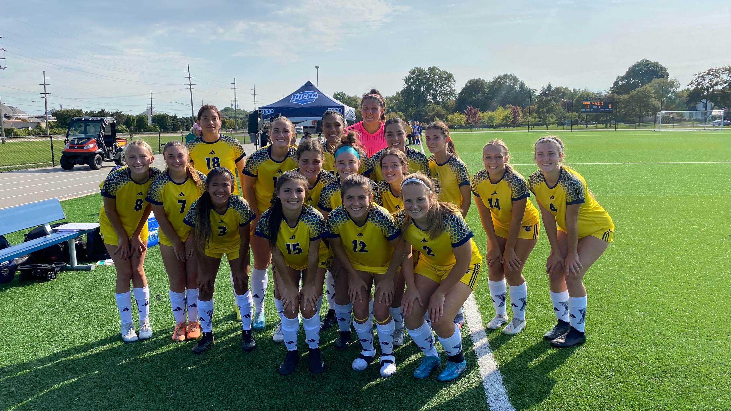 starting line up and the rest of the skippers soccer team before their game against muskegon community college